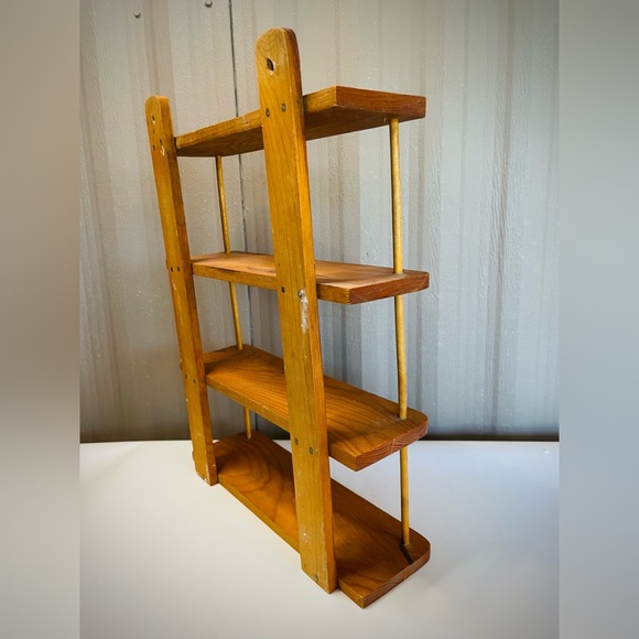 Vintage Mid Century Modern Wood Wall Shelf Spindle Trinket 4 Tier Danish Styling - Picture 4 of 9